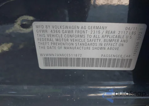 2012 Volkswagen Cc Sport from USA, damaged, VIN WVWMN7AN6CE511872